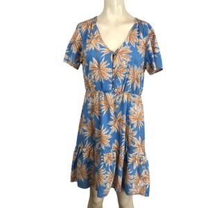 ROXY Palm Tree Print V Neck Button Front Tiered Dress Blue Tan Women's M